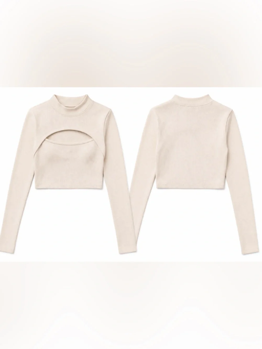 Hotouch Ribbed Cutout Crop Top Medium Cream Long Sleeve Fitted Trendy Top NWT - Picture 2 of 2